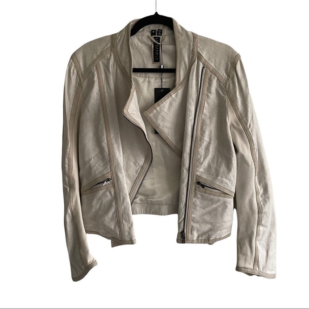 LAMARQUE COLLECTION Leather Linen Asymmetrical Moto Biker Cream Jacket M